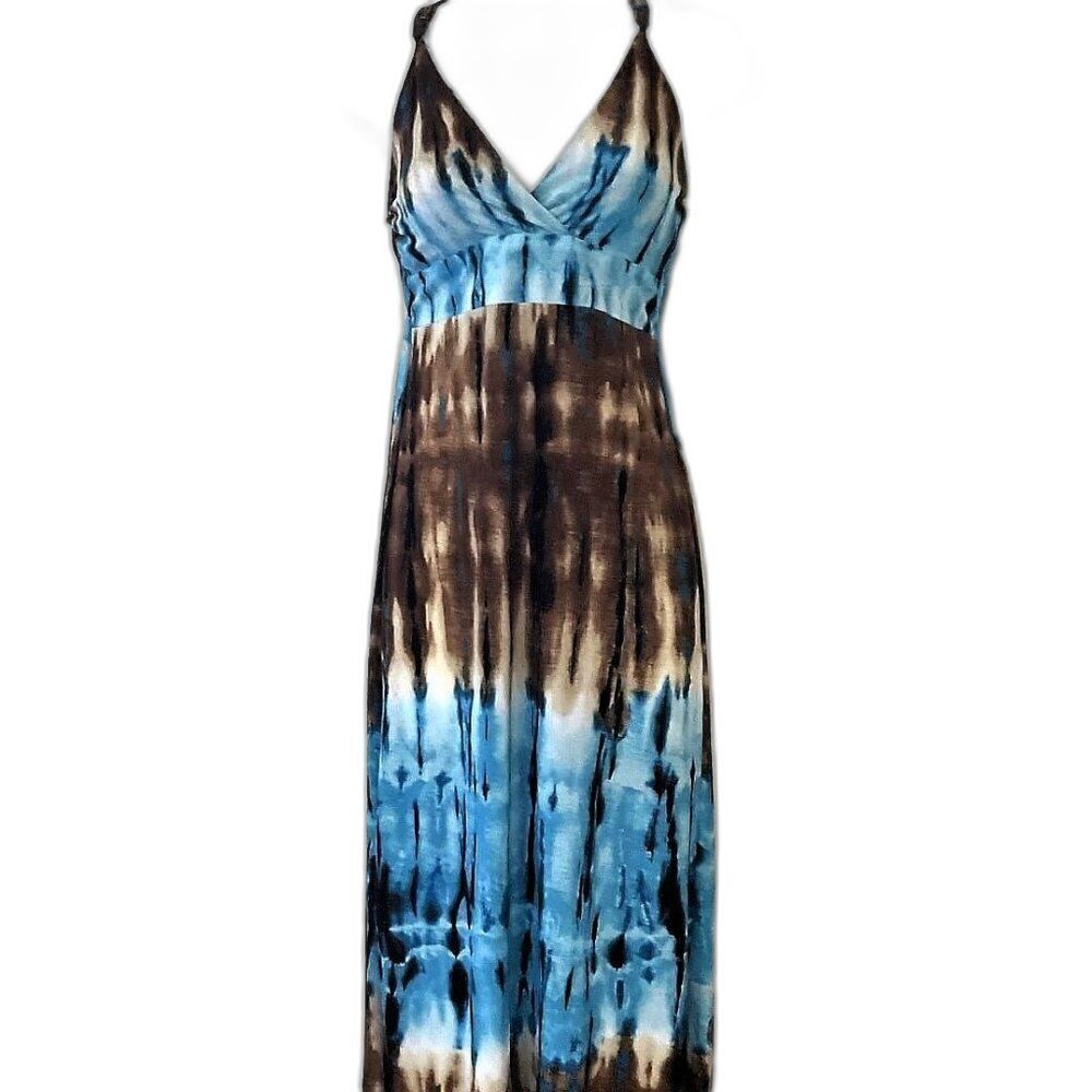 Bohemian Blue Brown Tie Dye High Low Cocktail Dress S M